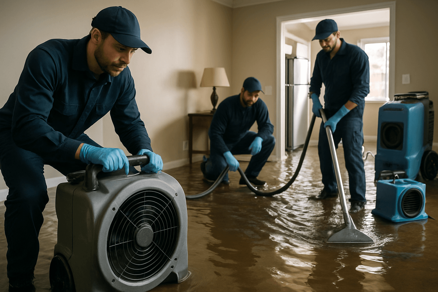 Water damage restoration technician working on flooded home